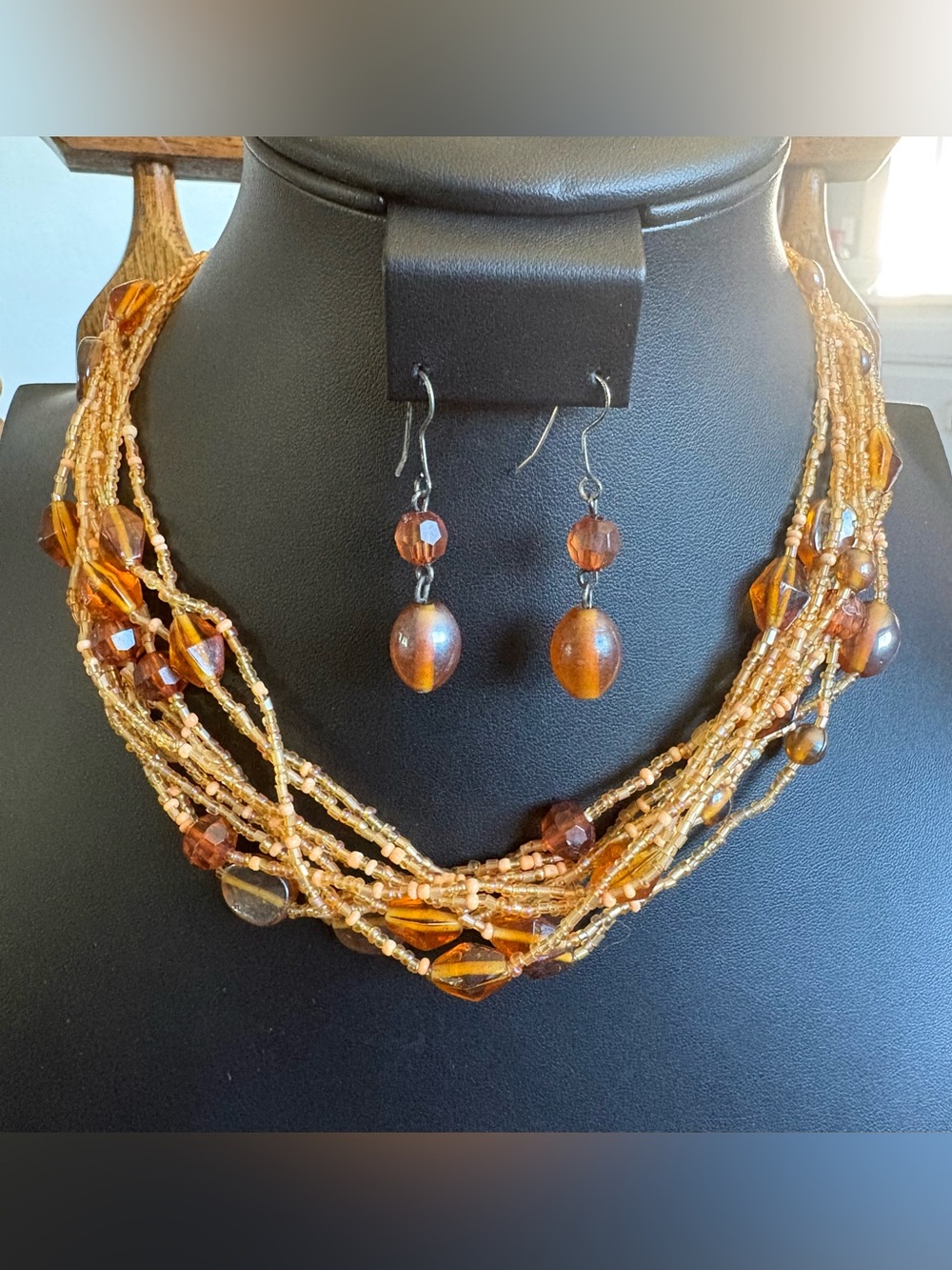 Multi-Strand Amber Beaded Necklace & Earrings Set